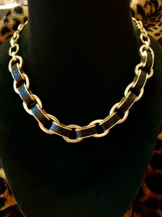 Anne Klein Jewelry - New Anne Klein Gold and Chain Necklace with Black Leather Inlay in Box